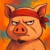 Porquinho anime com bandana vermelha, olhar debochado e fundo vibrante.