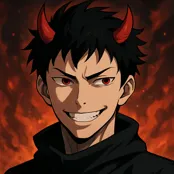 Personagem anime com chifres vermelhos e expressão demoníaca diante de fundo flamejante.