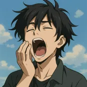 Personagem anime bocejando com céu ao fundo, aparência sonolenta e tranquila.