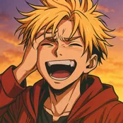 Personagem loiro rindo alto ao pôr do sol, com expressão ousada e cabelo bagunçado.